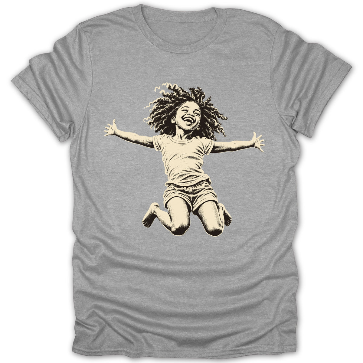 T-shirt with a drawing of a joyful child with curly hair jumping in the air.