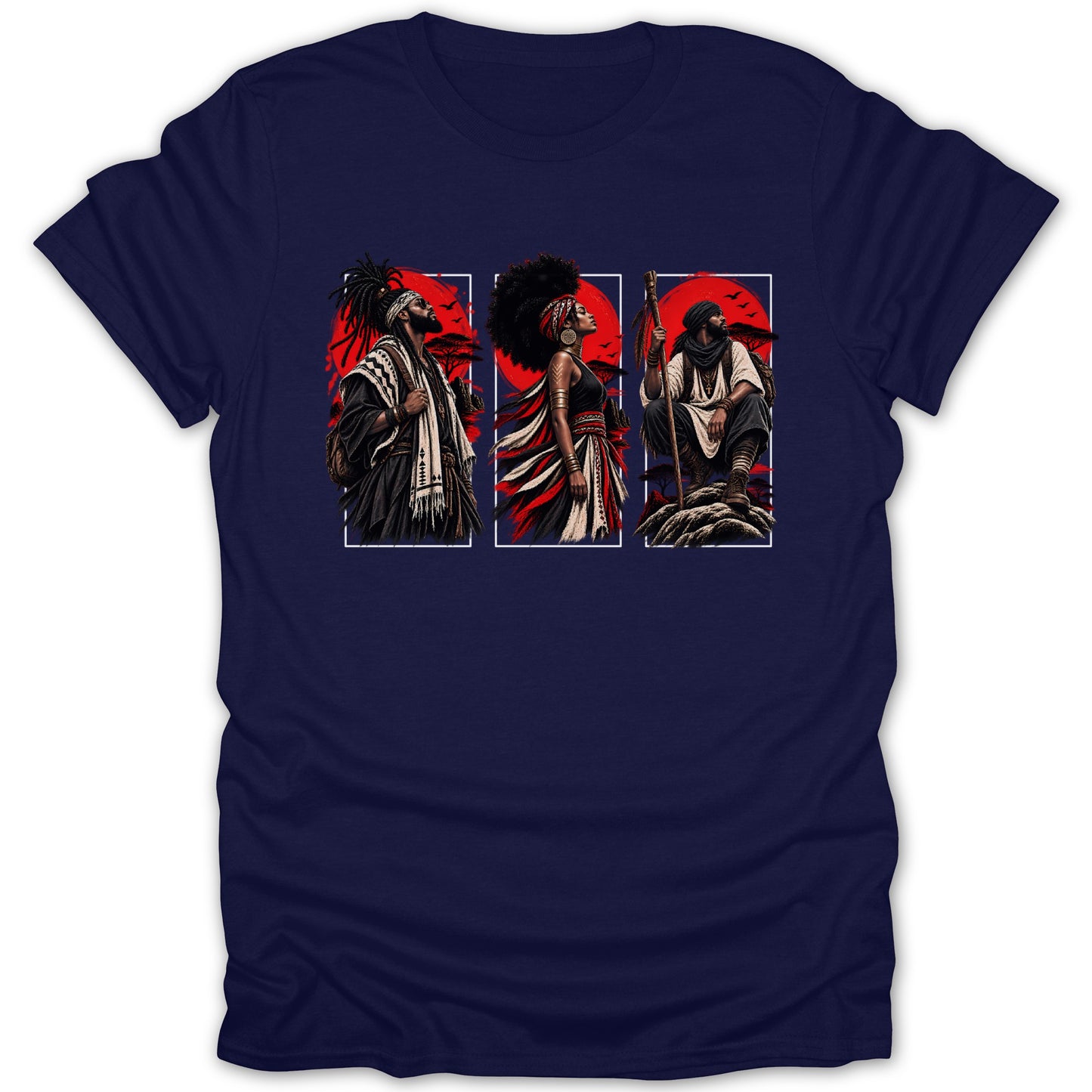 Triptych of Black individuals in traditional attire against a red sun and savanna backdrop.