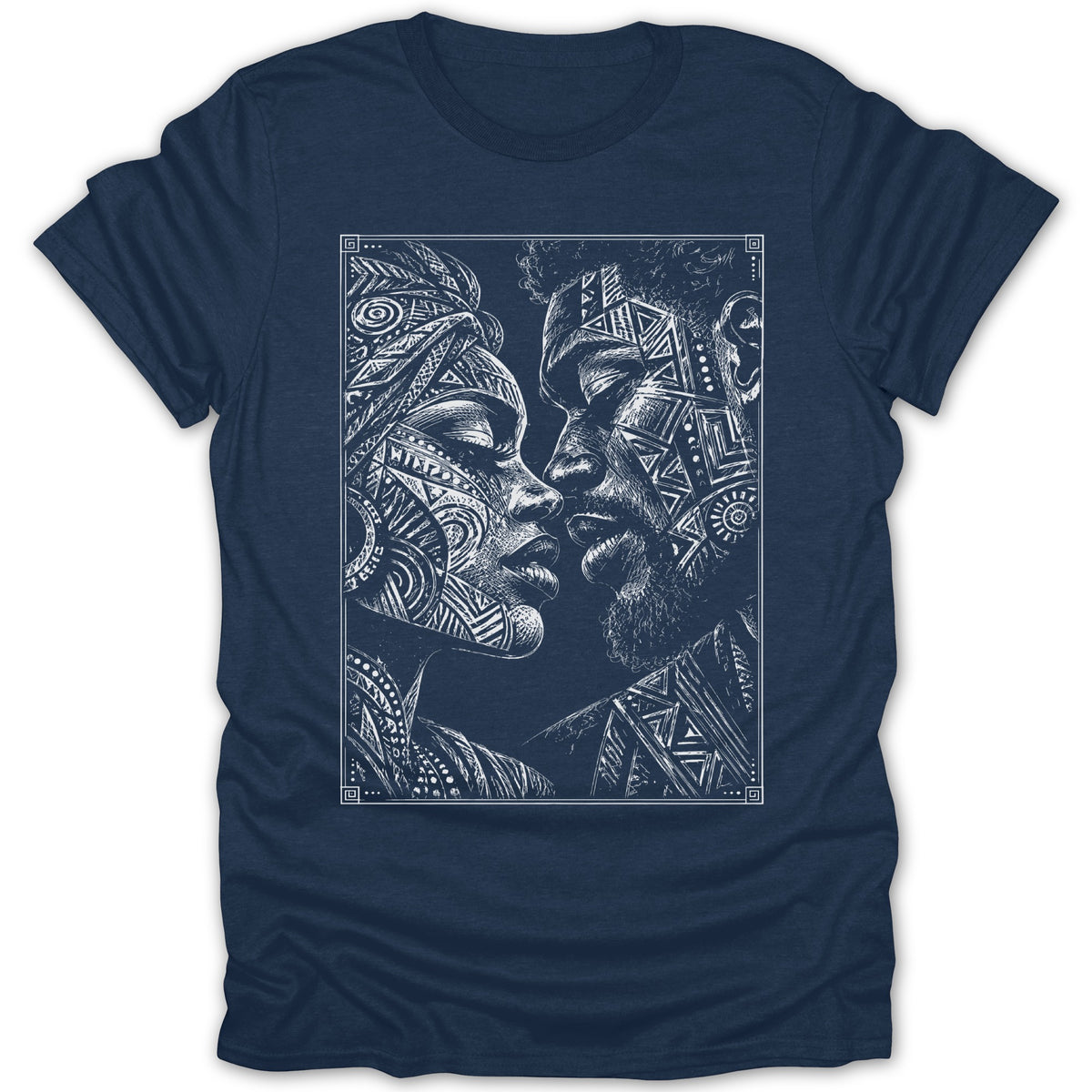 Line art of a couple with geometric patterns on a dark navy t-shirt.