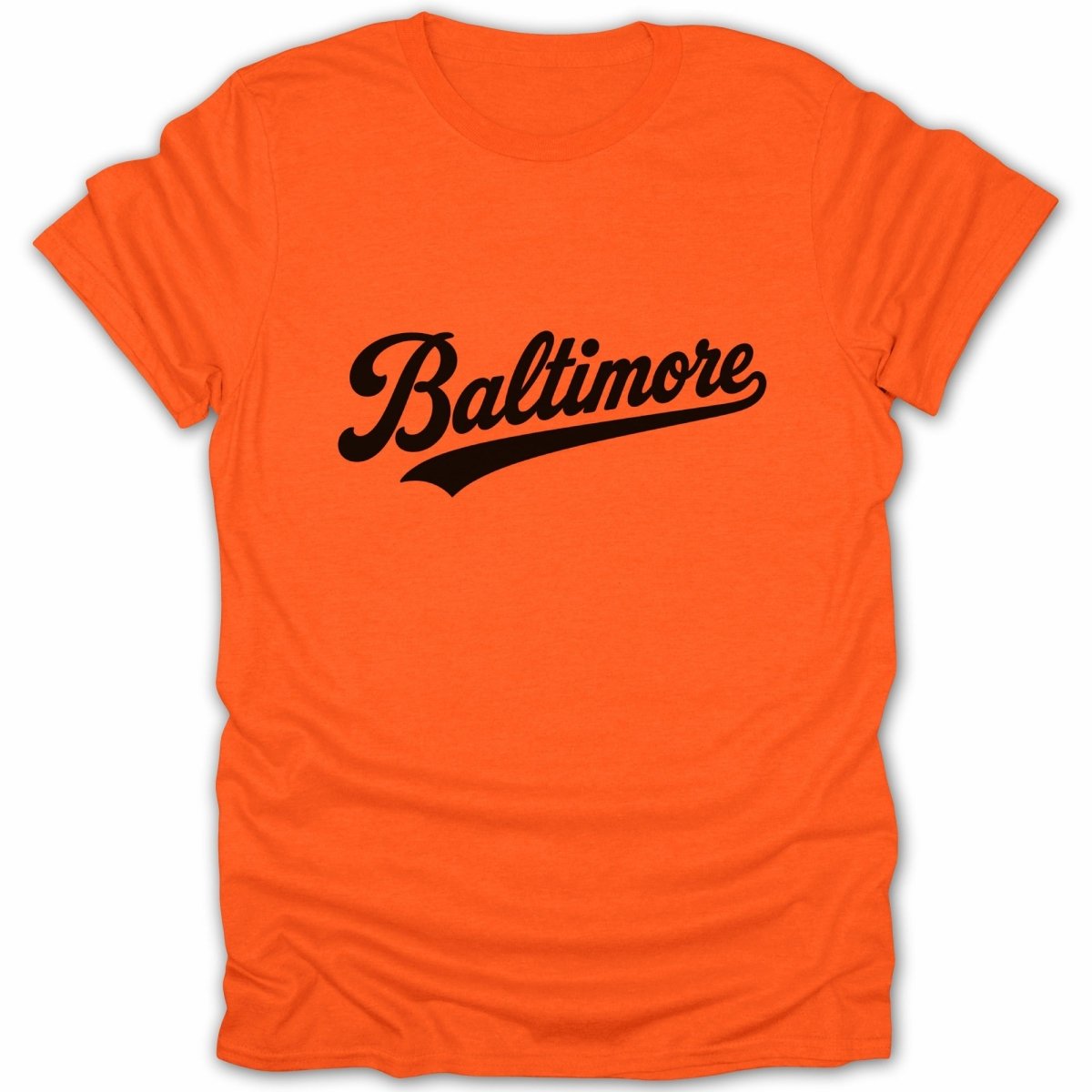 Orange t-shirt with black script text that reads "Baltimore".