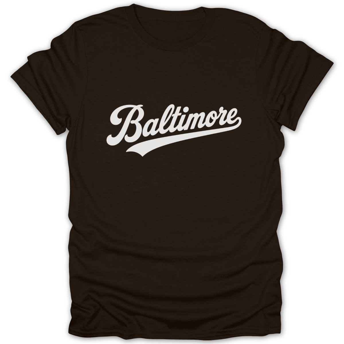 Dark brown t-shirt with white "Baltimore" text in a cursive font.