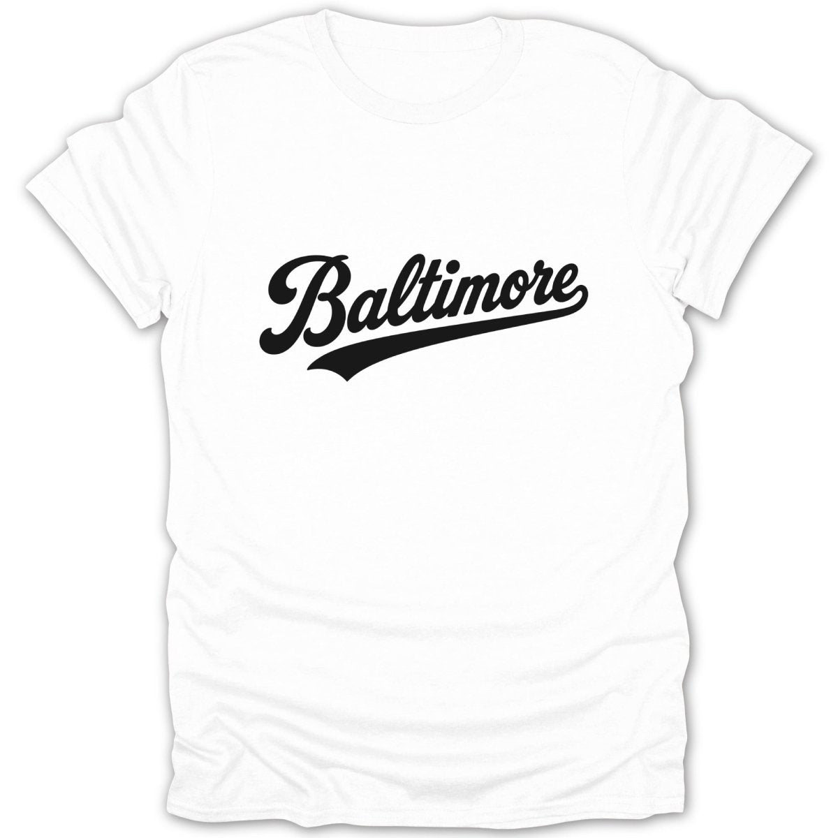 White t-shirt with black cursive "Baltimore" text across the chest.