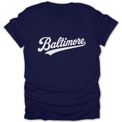 Navy t-shirt with white script "Baltimore" text across the chest.
