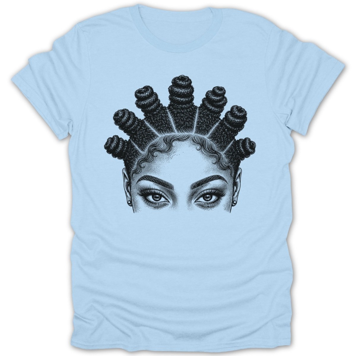 Black ink drawing of a woman's face and hairstyle on a light blue t-shirt.