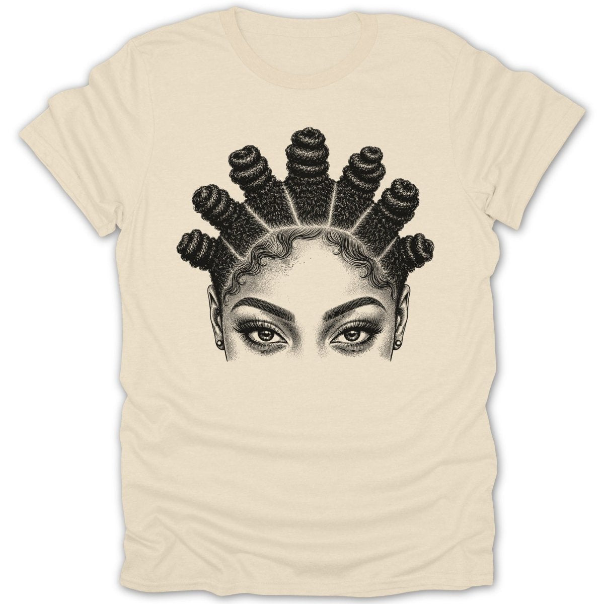 Sketch of eyes and hair styled in Bantu knots on a cream t-shirt.
