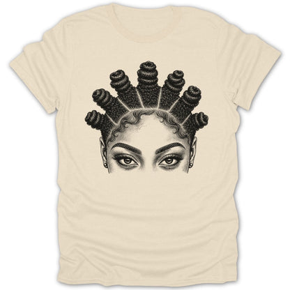 Sketch of eyes and hair styled in Bantu knots on a cream t-shirt.
