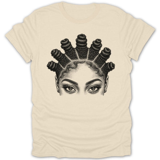 Sketch of eyes and hair styled in Bantu knots on a cream t-shirt.