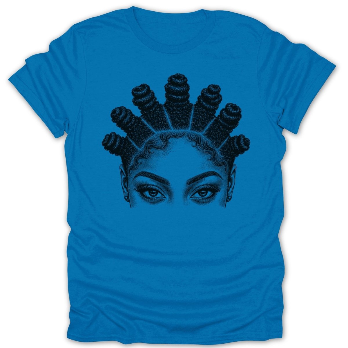 Black line art illustration of a woman's eyes and braided topknot hairstyle on a blue t-shirt.