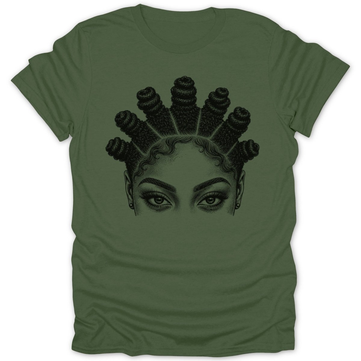 Black line art of a woman's eyes and Bantu knots on a green t-shirt.