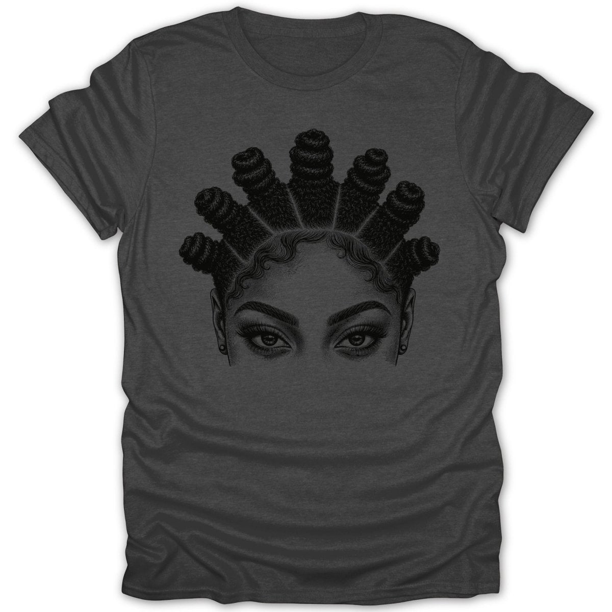 This charcoal t-shirt features a black line-art illustration of a woman's eyes and Bantu knots.