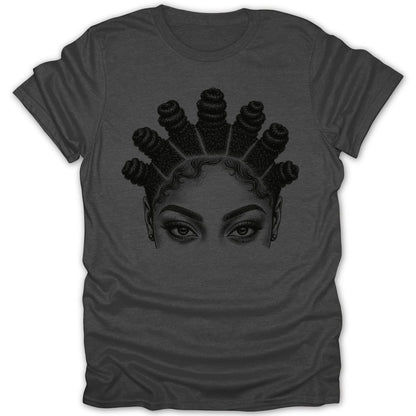 This charcoal t-shirt features a black line-art illustration of a woman's eyes and Bantu knots.