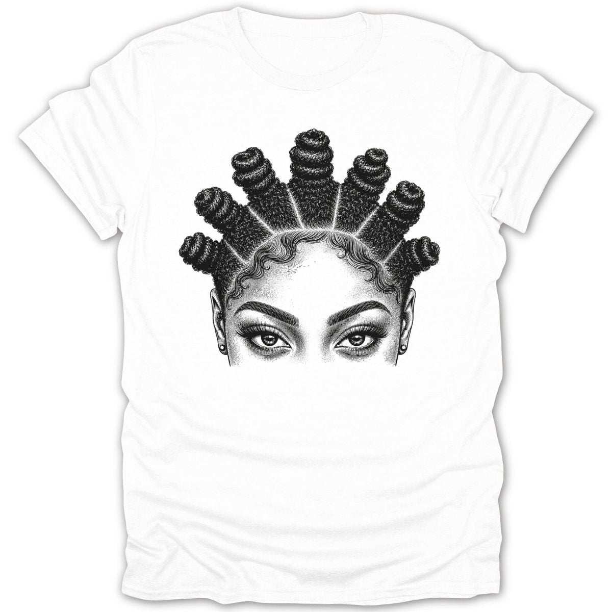 Black and white illustration of a woman's eyes and hair styled in Bantu knots on a white t-shirt.