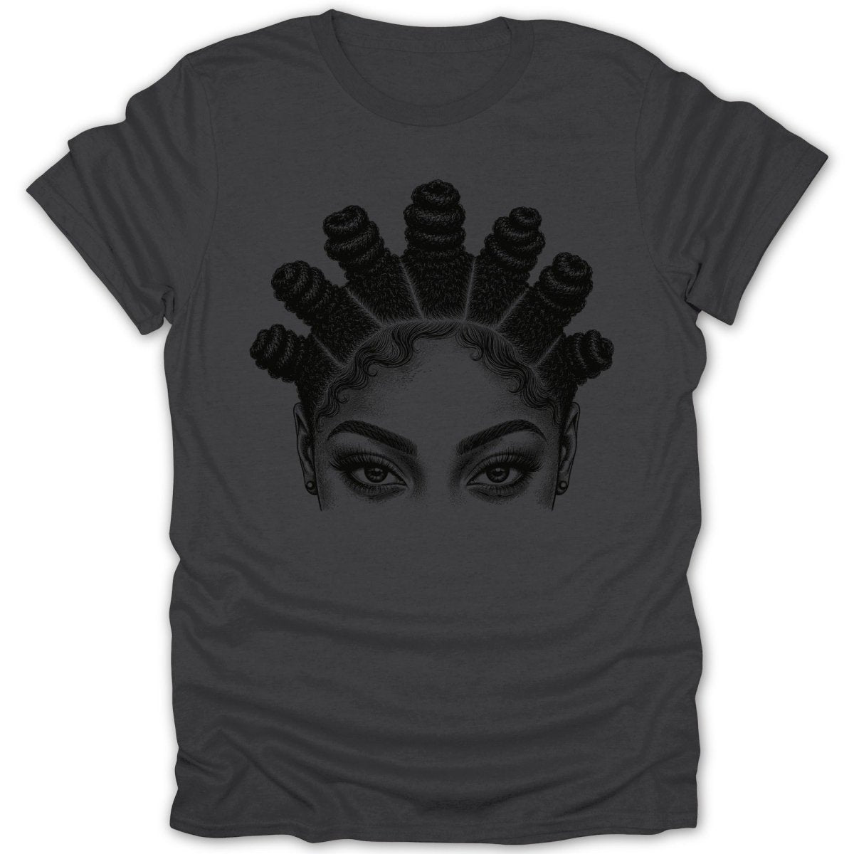 Black graphic print of a woman's eyes and braided hairstyle on a dark grey t-shirt.