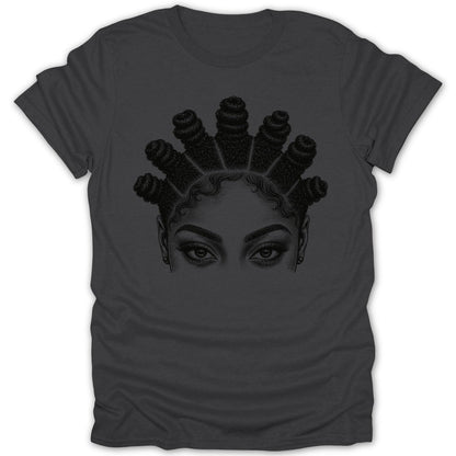 Black graphic print of a woman's eyes and braided hairstyle on a dark grey t-shirt.
