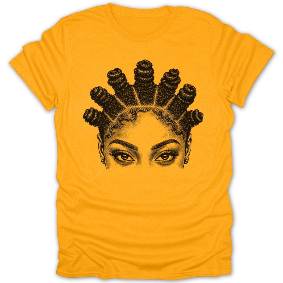 T-shirt with a black ink drawing of a woman's eyes and detailed natural hair.