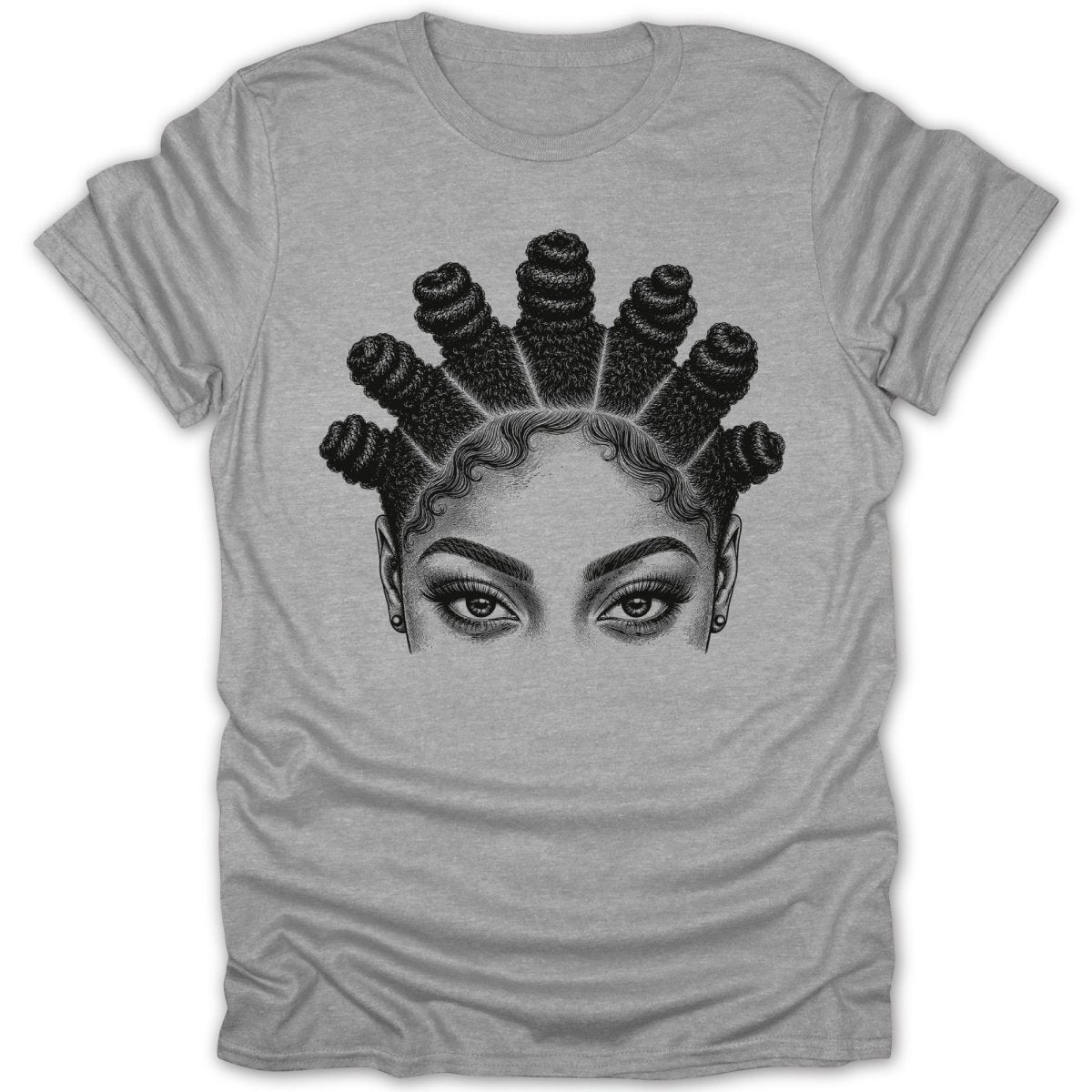 Black and white illustration of eyes and hair styled in Bantu knots on a grey t-shirt.