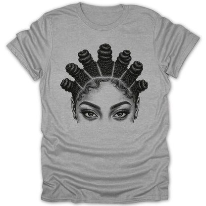 Black and white illustration of eyes and hair styled in Bantu knots on a grey t-shirt.