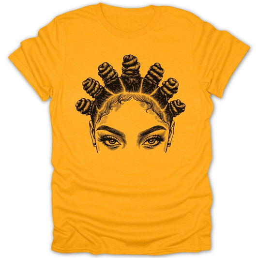 Illustration of eyes and hair styled in Bantu knots on a yellow t-shirt.