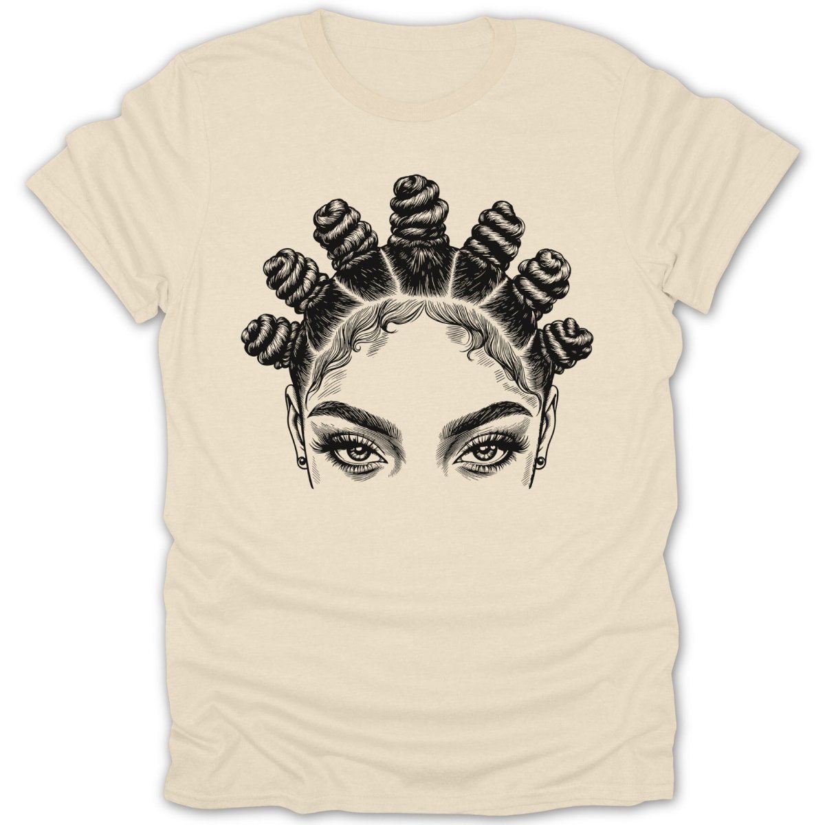 Black and white illustration of a woman's eyes and bantu knot hairstyle on a cream t-shirt.