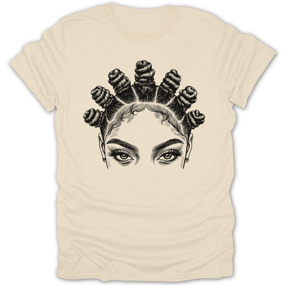 Black and white illustration of a woman's eyes and bantu knot hairstyle on a cream t-shirt.