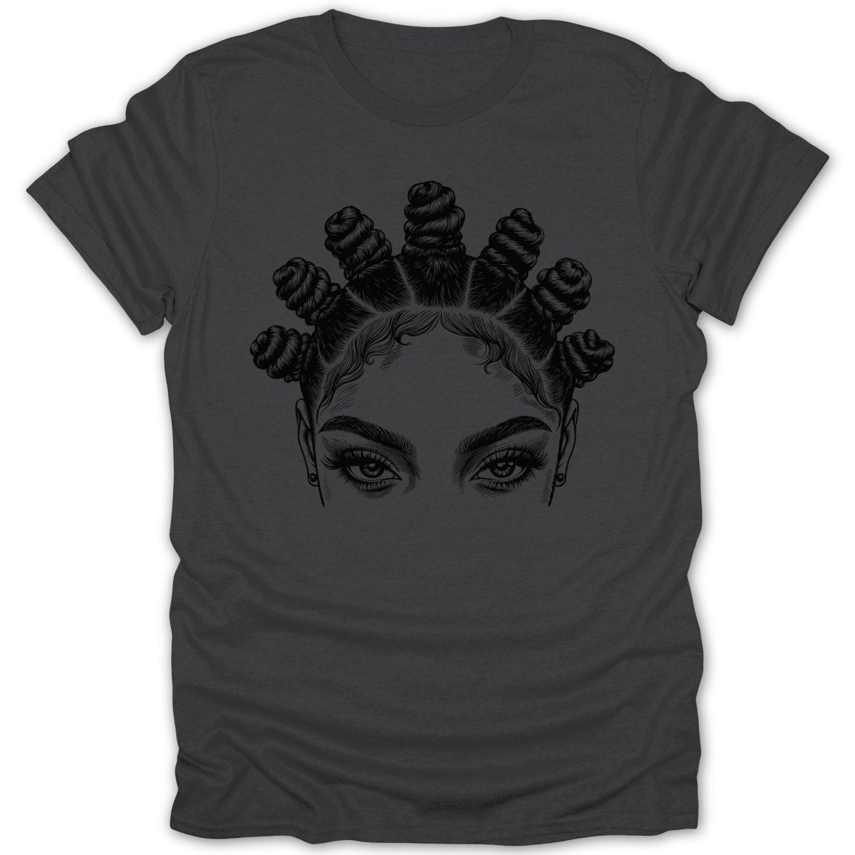 T-shirt with black ink drawing of woman's eyes and Bantu knots hairstyle.