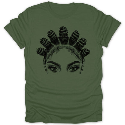 Green t-shirt with line art illustration of a woman's eyes and Bantu knots.