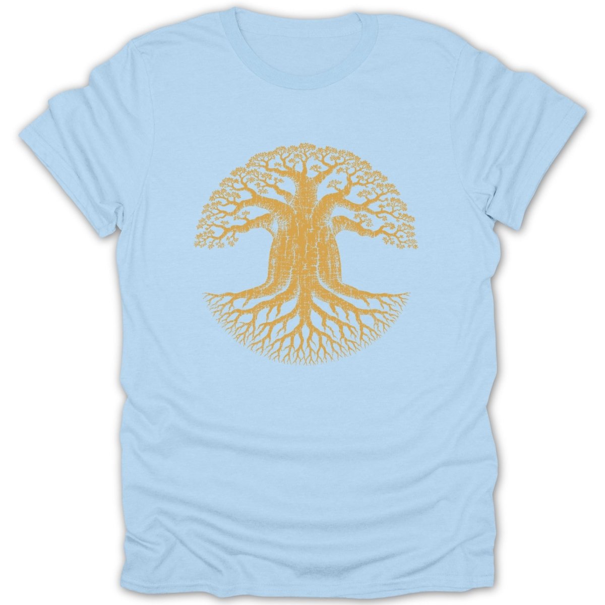 Light blue t-shirt with a yellow graphic of a tree with extensive roots.