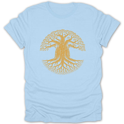 Light blue t-shirt with a yellow graphic of a tree with extensive roots.