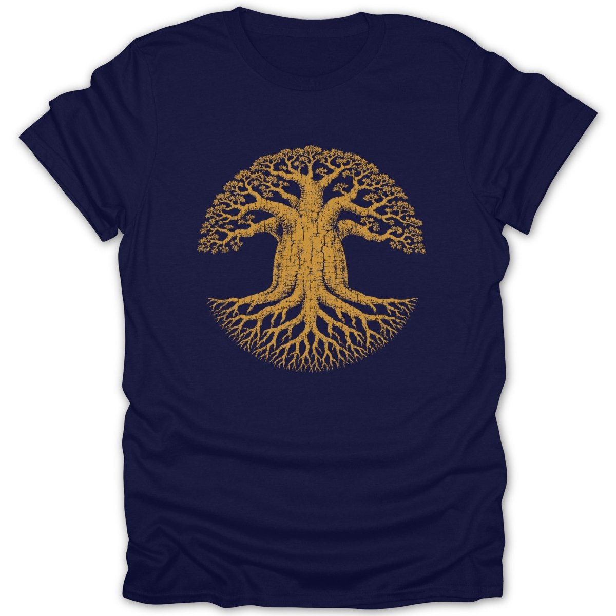 Navy t-shirt with a gold, circular tree of life graphic and roots design.