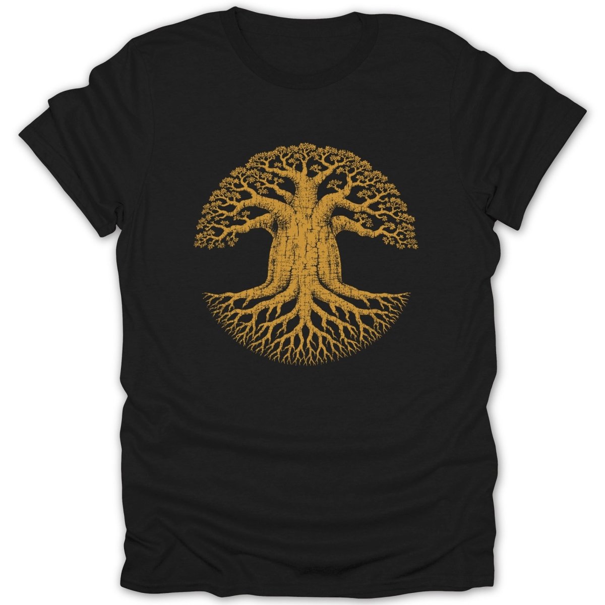 Black t-shirt with a gold graphic of a circular baobab tree with prominent roots.