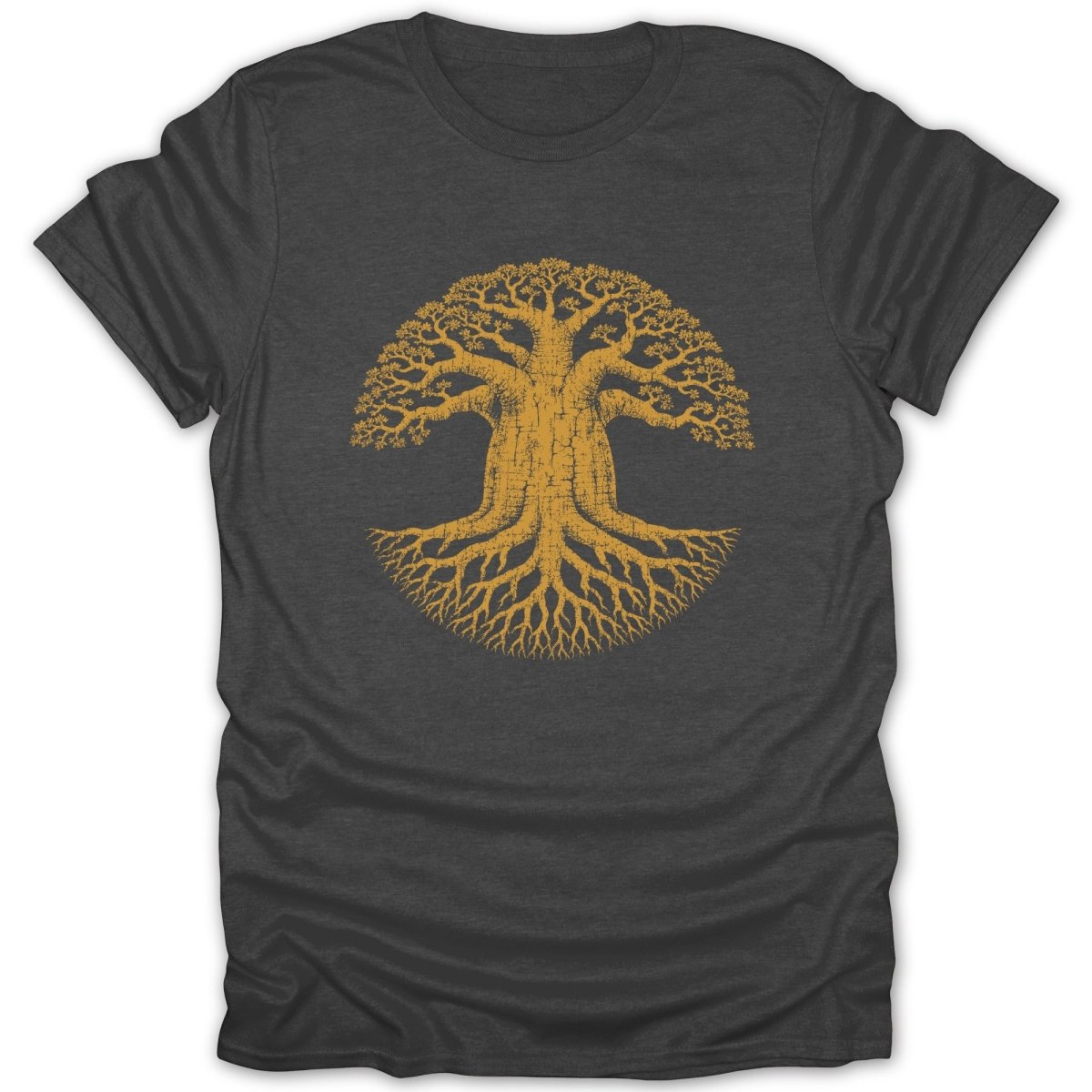 Dark gray t-shirt with a yellow tree of life circular graphic.