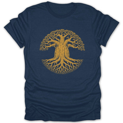 Navy t-shirt with a yellow circular tree of life graphic.