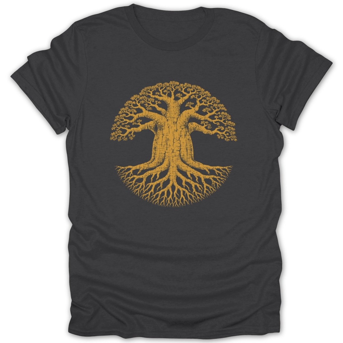 Dark grey t-shirt with a detailed gold tree of life graphic.