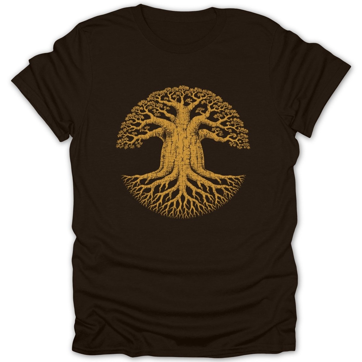 Brown t-shirt with a circular, golden tree of life graphic.