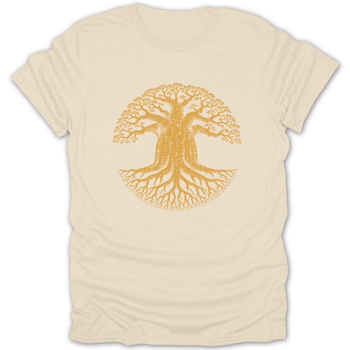 Beige t-shirt with a yellow distressed baobab tree graphic and roots.