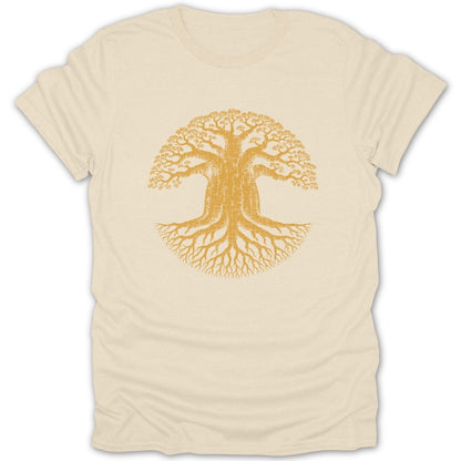 Beige t-shirt with a yellow distressed baobab tree graphic and roots.