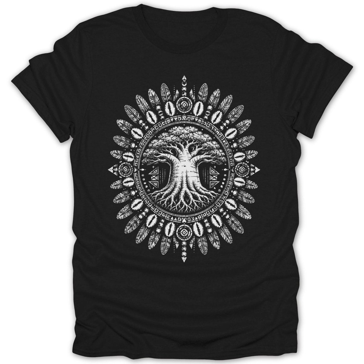 Black t-shirt with white circular design of a tree, feathers, and shells.