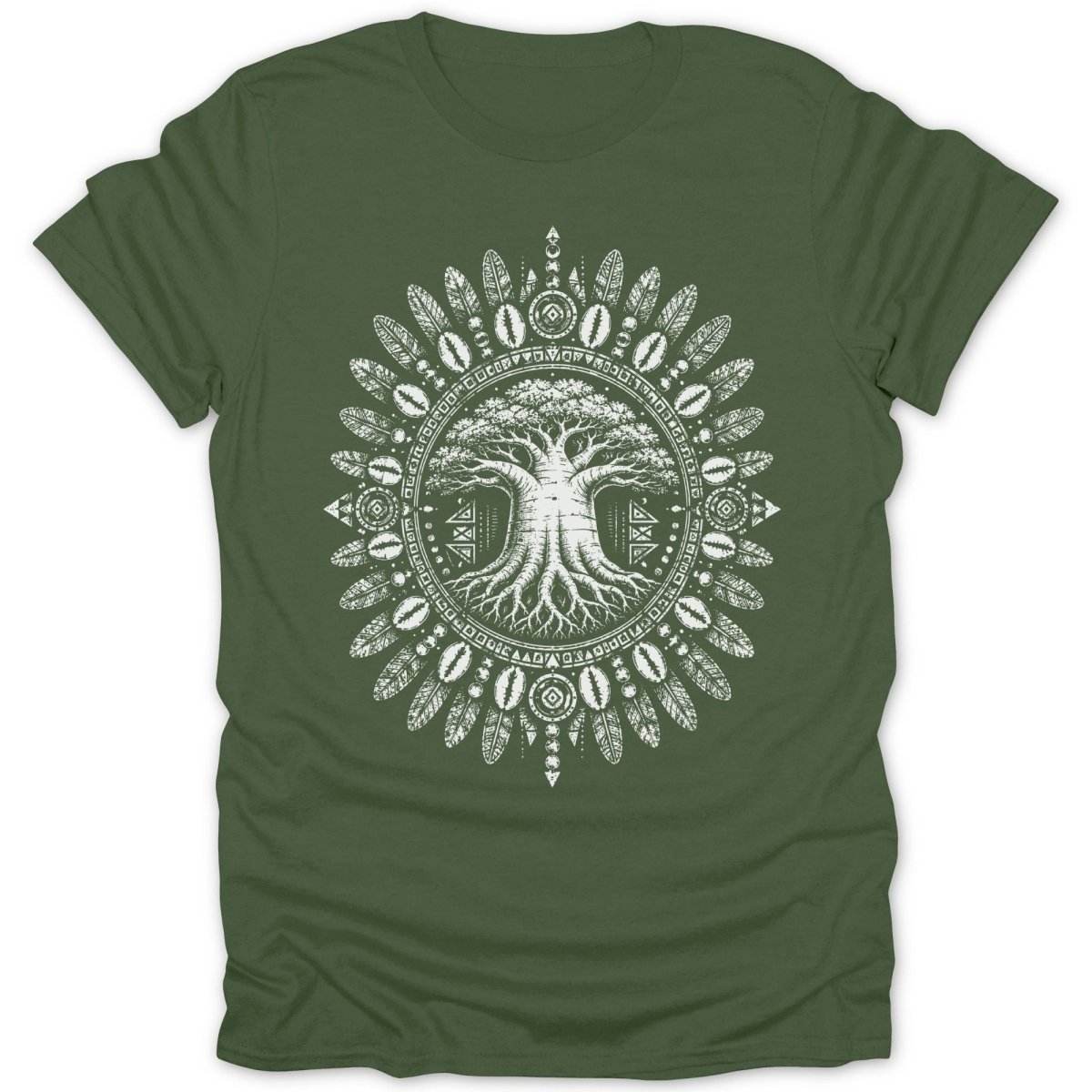 Green t-shirt with a white circular design featuring a tree and tribal patterns.