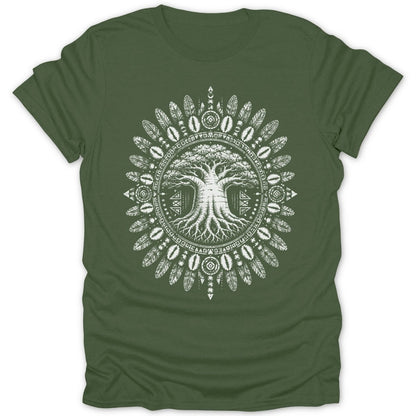 Green t-shirt with a white circular design featuring a tree and tribal patterns.