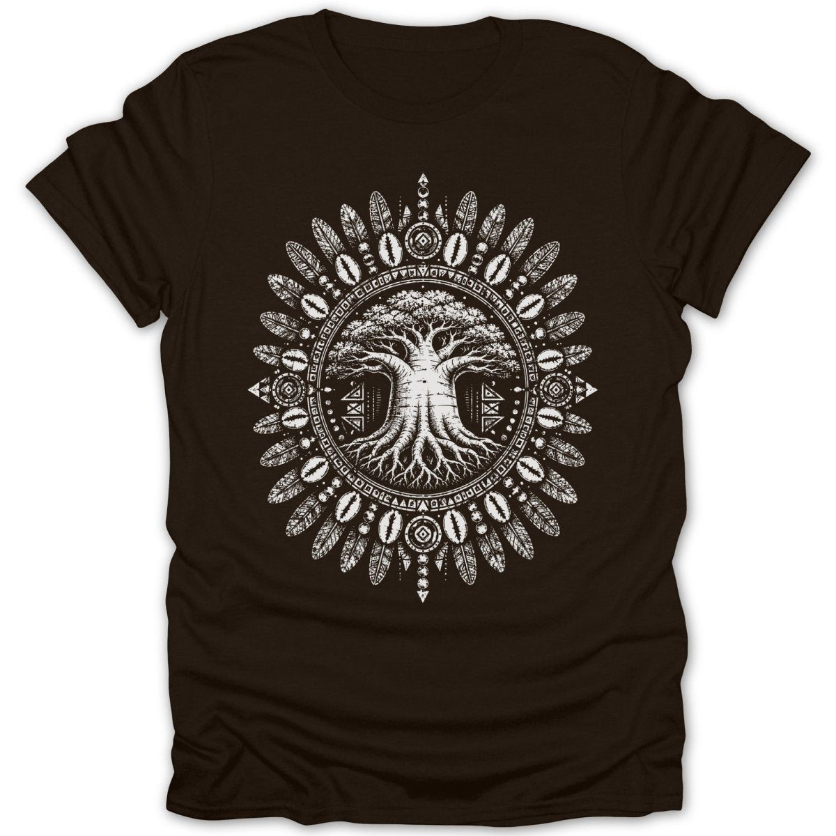 Brown t-shirt with a white baobab tree design in a circular tribal feather pattern.