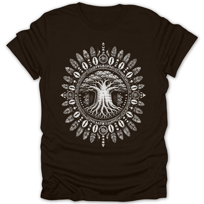 Brown t-shirt with a white baobab tree design in a circular tribal feather pattern.