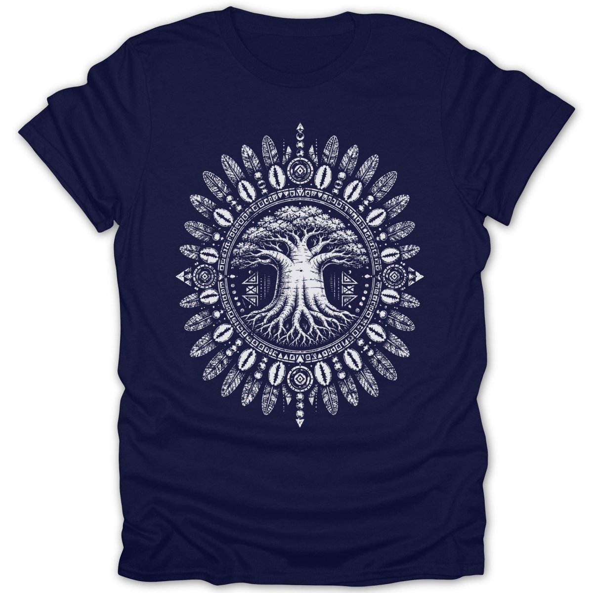 Navy t-shirt with white circular tribal tree of life and feather design.