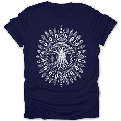 Navy t-shirt with white circular tribal tree of life and feather design.