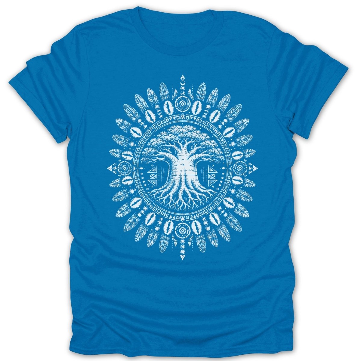 Blue t-shirt with white circular tribal design featuring a tree and feathers.