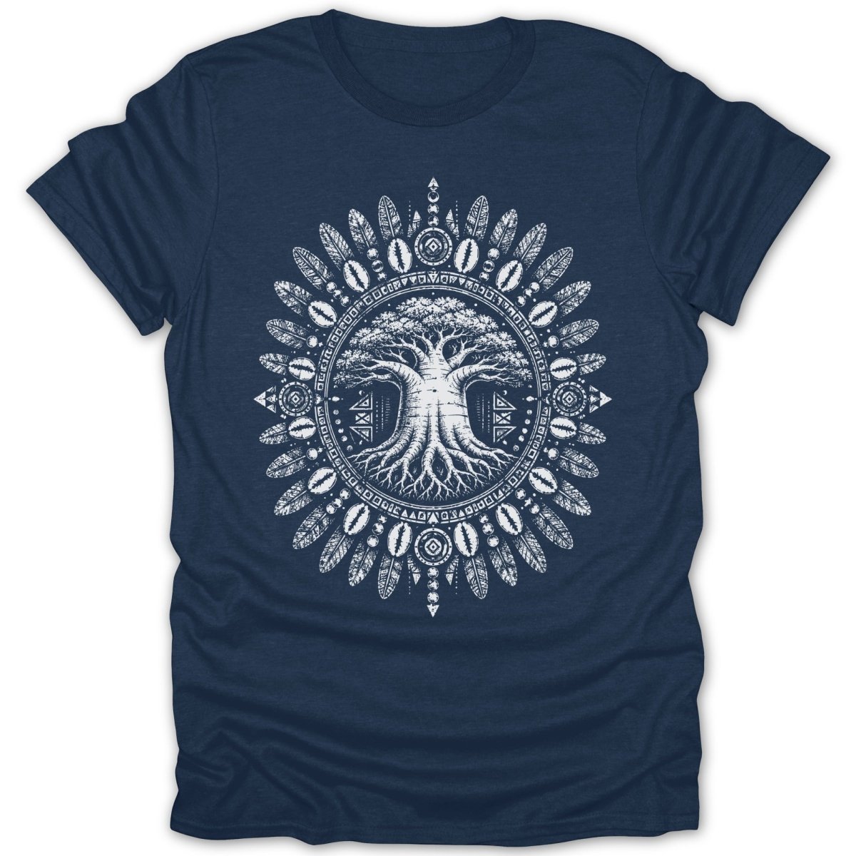 Navy t-shirt with a white circular design of a tree, feathers, and tribal patterns.