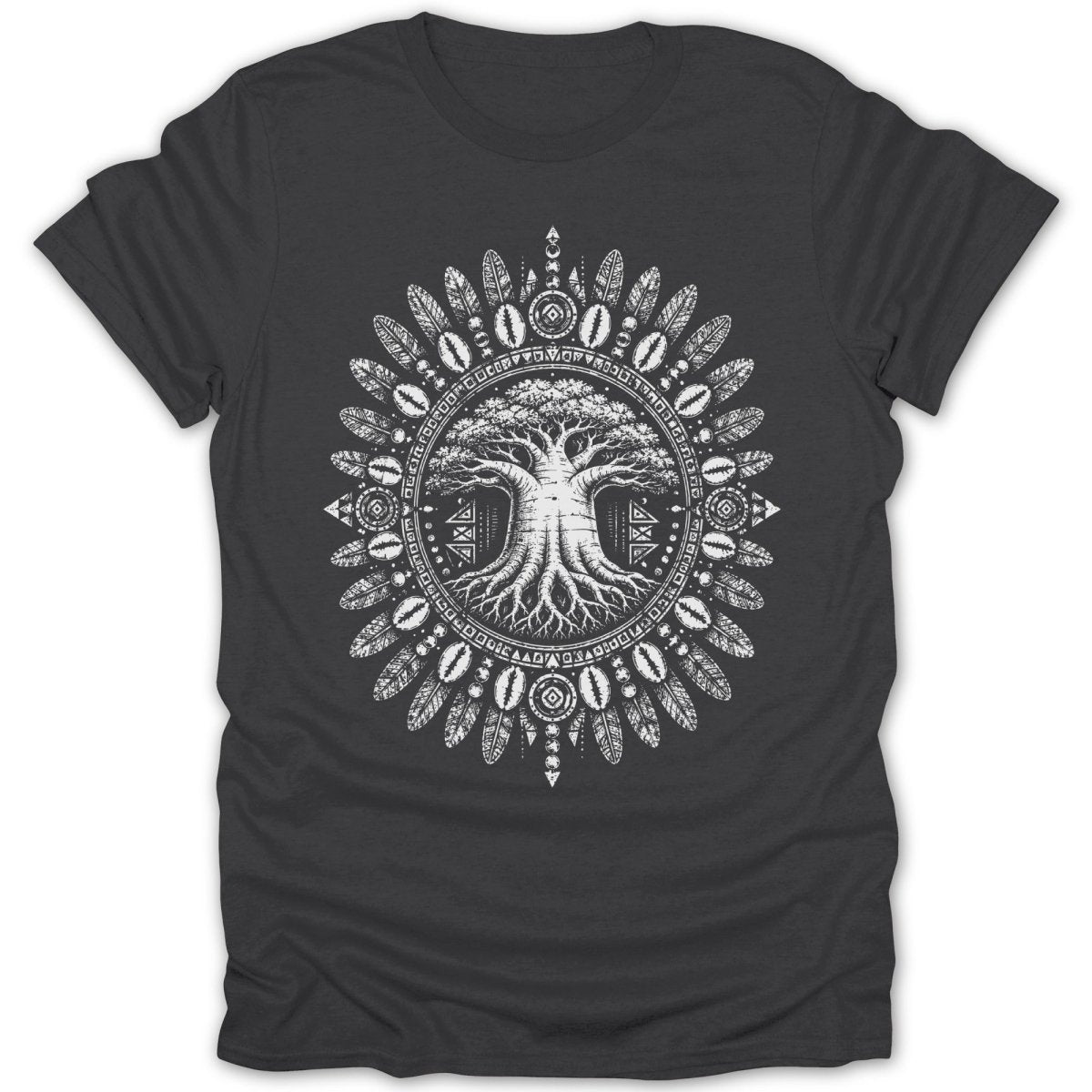Dark grey t-shirt with a white intricate circular design of a tree and tribal patterns.
