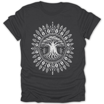 Dark grey t-shirt with a white intricate circular design of a tree and tribal patterns.