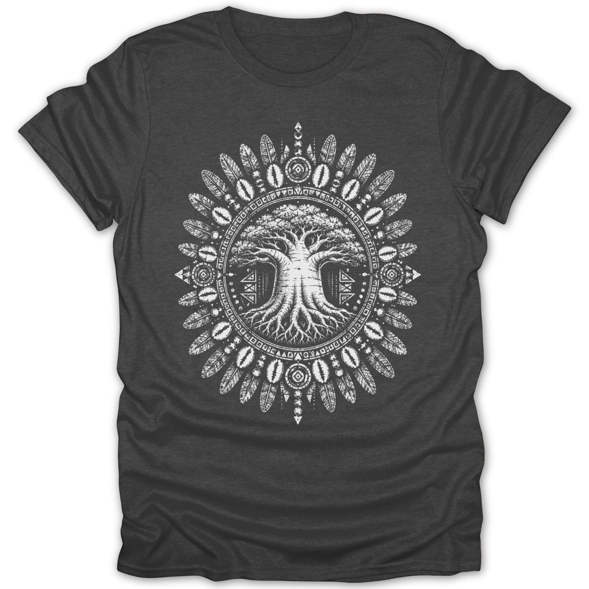 Dark t-shirt with white mandala-style print featuring a tree with elaborate roots.