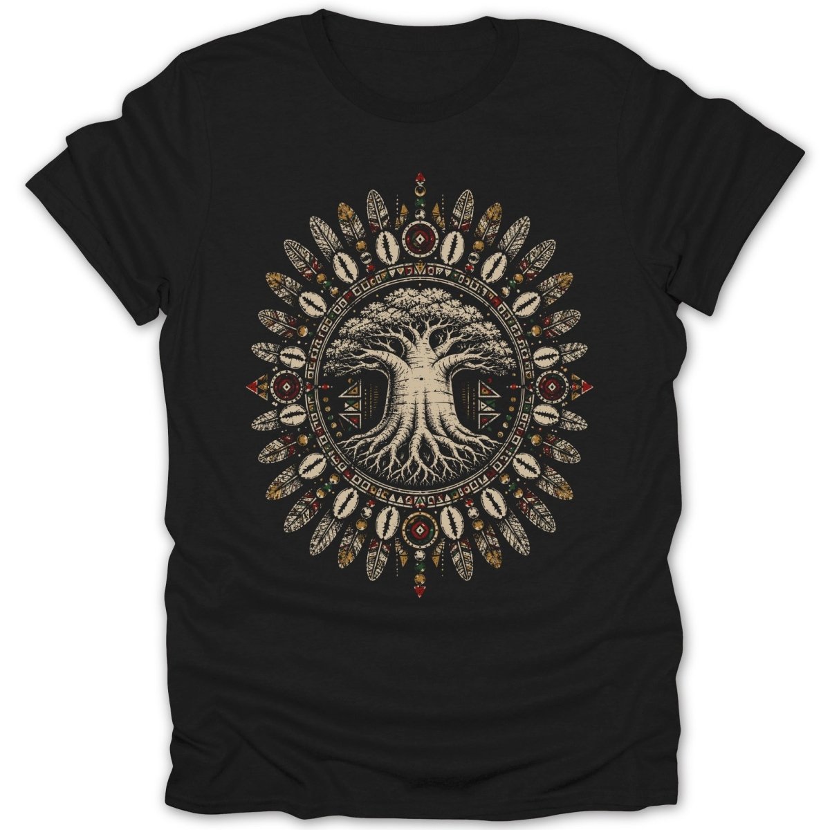 Black t-shirt with a circular, tribal-inspired design featuring a tree of life.