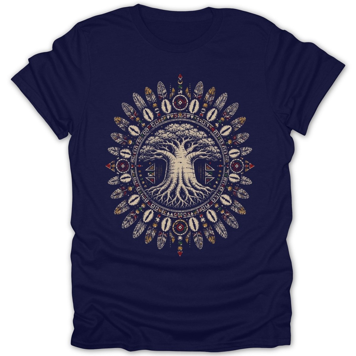 Navy t-shirt with a circular, tribal-inspired tree of life design.